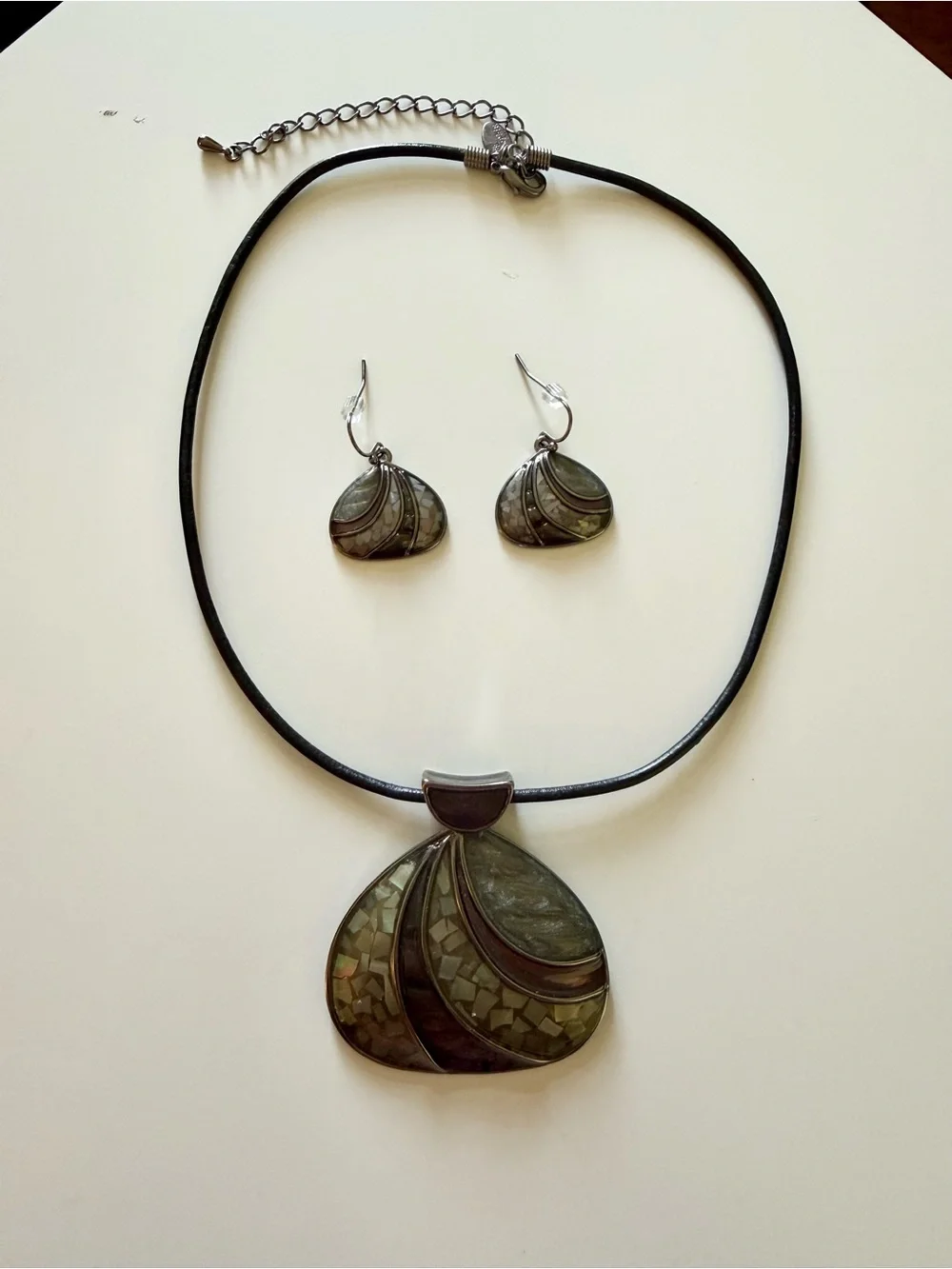 Lia Sophia Abalone Green and Brown Pendant Necklace with Matching Earrings
